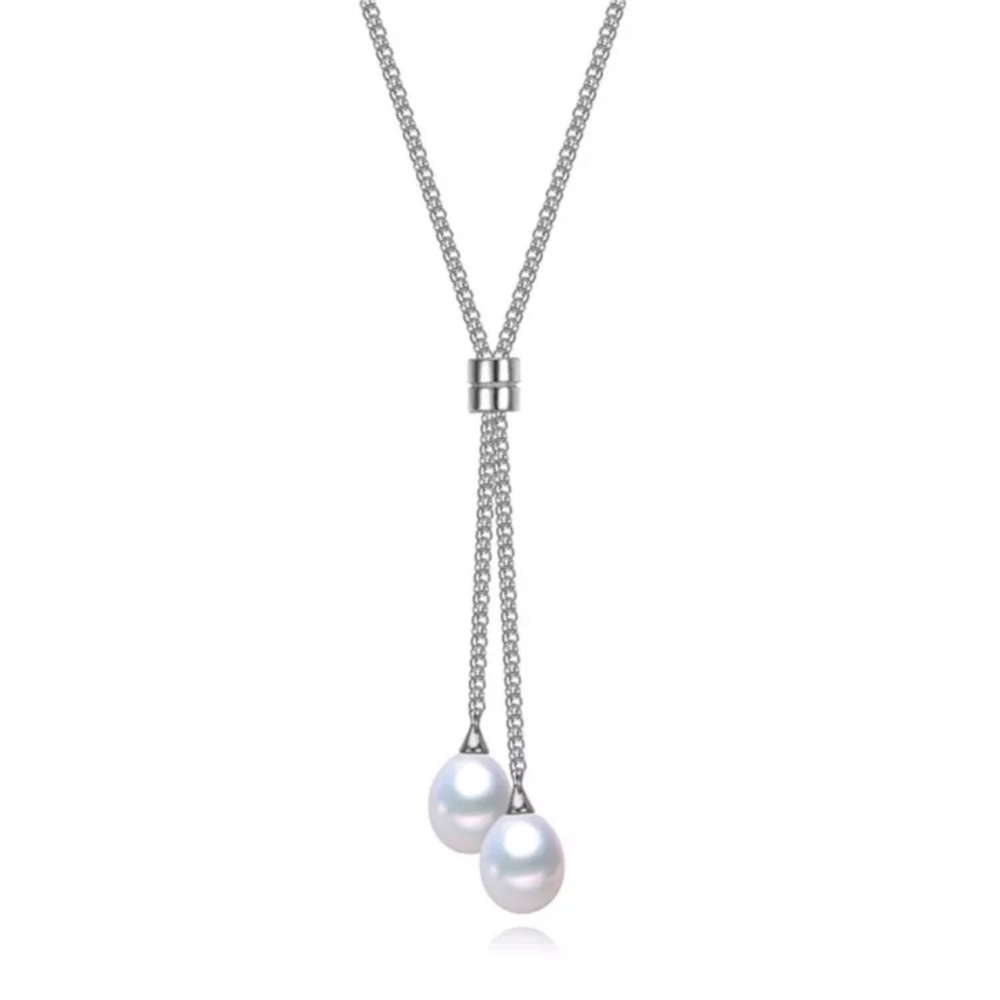 Sterling Silver Dual White Freshwater Pearl Drop Necklace